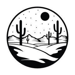 Black and white circular art portrays a serene desert landscape with cacti and stars
