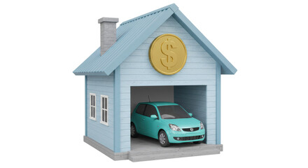 Isolated House garage with car and dollar coin
