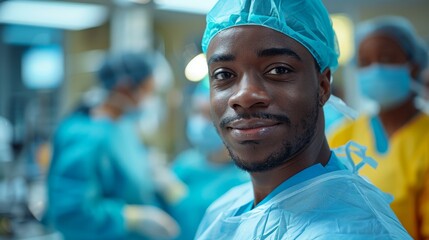 A confident surgeon wears scrubs and a cap, smiling in a bustling operating room with fellow medical professionals, representing dedication and compassion in healthcare.