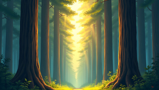 Looking Up at Tall Trees with Sun Rays Shining Through Forest