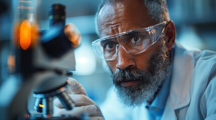 An intense and vibrant portrayal of a dedicated scientist examining samples through a microscope, reflecting curiosity, intellect, and the pursuit of knowledge.