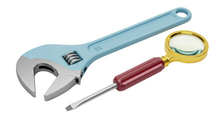 Isolated Wrench and Magnifying Glass