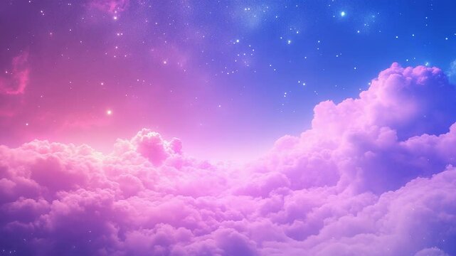 Dreamy sky filled with pink and purple clouds blending into a starry expanse and blue sky