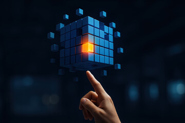 A dynamic interaction showcases a initiating change as smaller blue cubes fragment symbolizing innovation and strategy in business evolution