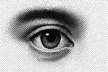 Perception and insight emerge through the intricate halftone pattern forming a human eye symbolizing focus and observation in a detailed visual study