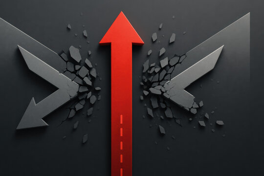 A red arrow breaks through barriers as two grey arrows diverge symbolizing breakthrough and progress in business direction
