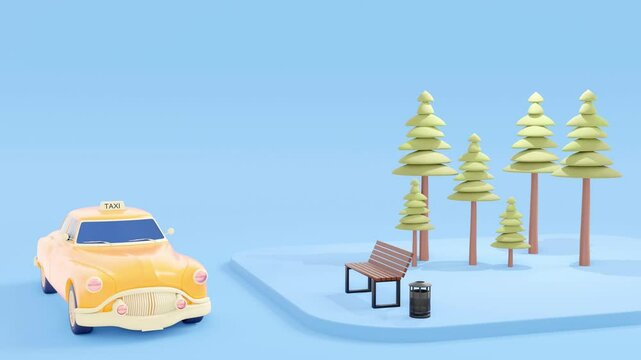 Car traffic. A taxi approaches a stop, stops and drives on. Looped 3D animation in low poly style