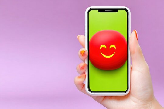 Hand Holding Smartphone Displaying Red Smiley Emoji on Green Background