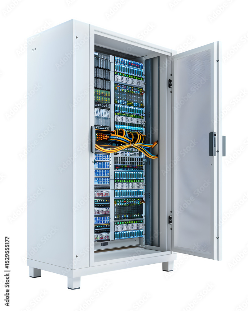 Poster an isometric view of a pristine white server rack cabinet with subtle blinking status leds front doo