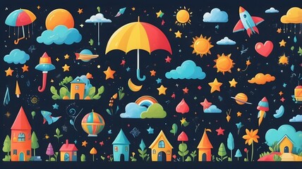 Colorful vector autumn seamless pattern with birds and umbrella for rainy season design
