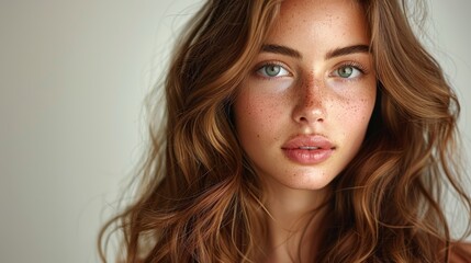 Fototapeta premium This striking image highlights a young woman with vibrant hair and freckles, exuding natural beauty and confidence, embodying modern aesthetics in fashion and self-image.