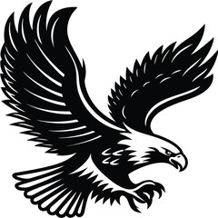 black and white eagle soars downward with talons extended ready to strike a prey