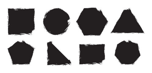 Set basic brush geometric shapes paint ink stroke. Scribble square shape text boxes. Geometric figures like triangle, square, rectangle, circle and polygon. Vector illustration.