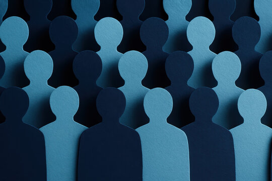 This abstract representation overlapping paper silhouettes symbolizes and collaboration within a structured group dynamic in business settings