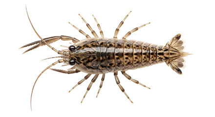 Detailed freshwater shrimp with segmented body multiple legs and long antennae