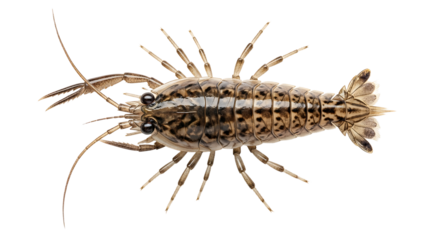 Detailed freshwater shrimp with segmented body multiple legs and long antennae