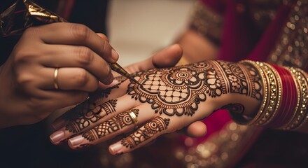 Close up of hands applying henna tattoo intricate patterns with gold rings and bangles. Traditional wedding ritual with focus on cultural artistry.