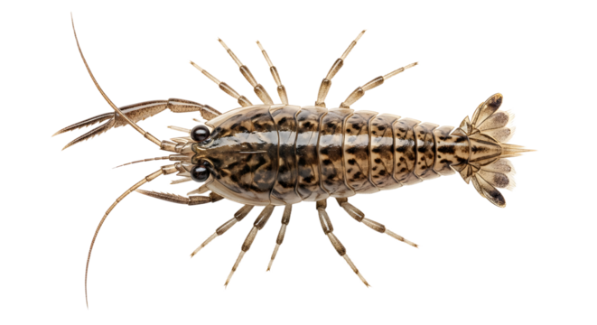 Detailed freshwater shrimp with segmented body multiple legs and long antennae