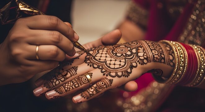 Close up of hands applying henna tattoo intricate patterns with gold rings and bangles. Traditional wedding ritual with focus on cultural artistry.
