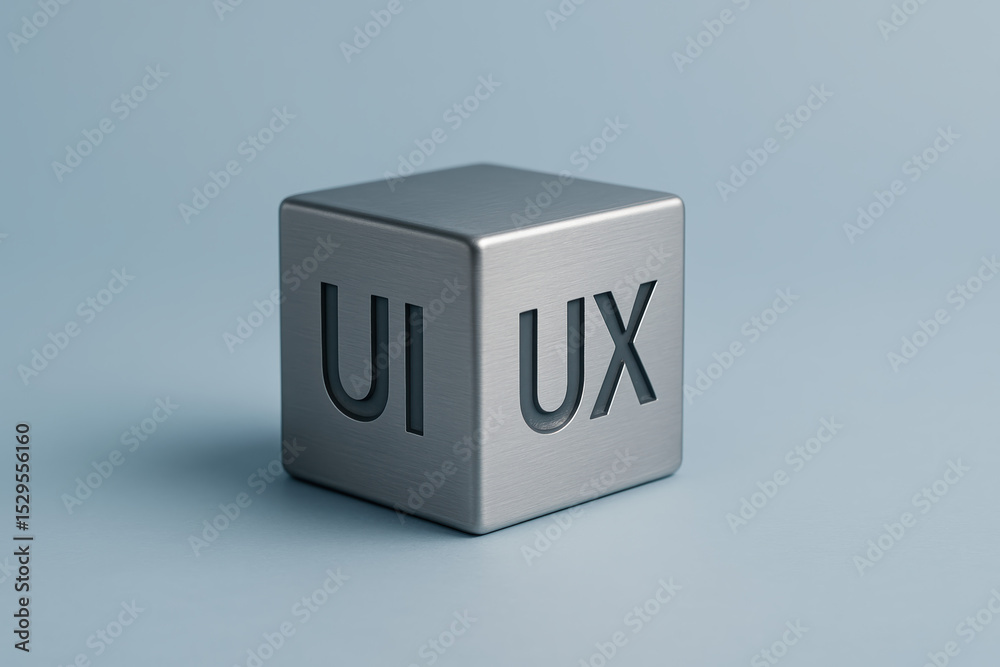 Poster a sleek metallic cube with engraved ui and ux letters represents the integration user interface and 