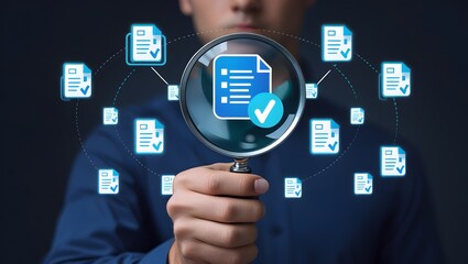 Document review process and quality control concept. Hand holding magnifying glass over a document icon with checklist, Document review and approval. Certificate management, Audit, certified,
