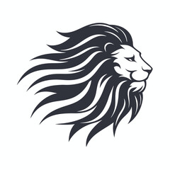 Striking lion head profile with powerful mane displayed in a minimal dark monochrome