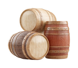 PNG Three wooden barrels arranged in a group displaying unique textures and tones