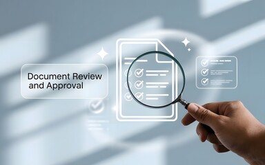 Document review process and quality control concept. Hand holding magnifying glass over a document icon with checklist, Document review and approval. Certificate management, Audit, certified,

