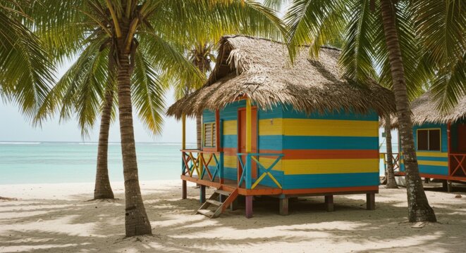 Colorful Beach Hut Under Palm Trees on Tropical Beach
