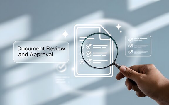 Document review process and quality control concept. Hand holding magnifying glass over a document icon with checklist, Document review and approval. Certificate management, Audit, certified,
