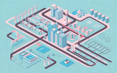 A modern isometric illustration of a smart city with buildings, factories, roads, and renewable energy sources.
