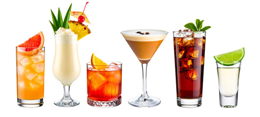 Set of cocktails including pina colada, sex on the beach, negroni, espresso martini, cuba libre and tequila shot on transparent background