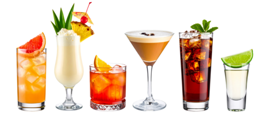 Set of cocktails including pina colada, sex on the beach, negroni, espresso martini, cuba libre and tequila shot on transparent background