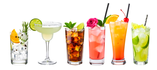 Set of cocktails and drinks including margarita, gin tonic, cuba libre, tequila sunrise and mojito on transparent background