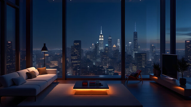 Night Cityscape Modern Penthouse Living Room with Panoramic Views