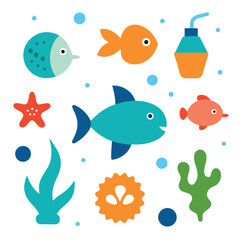 Naklejka premium aquarium set of vector doodle icon on transparent background