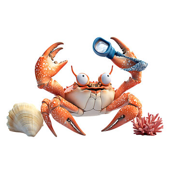 a hyper-realistic cartoon crab with underwater accessory set snorkel shell and coral isolated on pure white background subtle soft shadow clean studio lighting ultra-high detail image stock render    