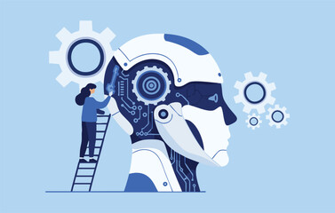 Flat Illustration  AI Development,  Innovative Technology,  Futuristic Robot Design,  Human Interaction with Artificial Intelligence,  Conceptual Illustration of Progress, Machine learning, prompt eng