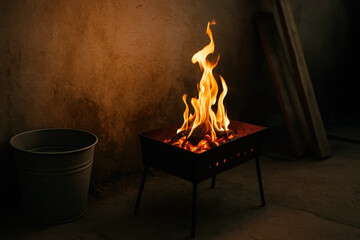 Lit Charcoal Grill Glowing Indoors In Dim Light Creating Warm Cooking Vibes And Fiery Energy
