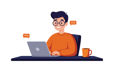 Flat Illustration  Smiling Programmer Coding on Laptop, HTML, CSS Web Development Concept