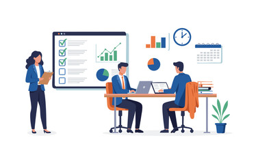 Flat Illustration Business Team Meeting, Project Planning, Data Analysis, and Strategic Collaboration