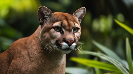 Obraz premium Cougar Portrait in Lush Greenery a Captivating Wildlife Encounter