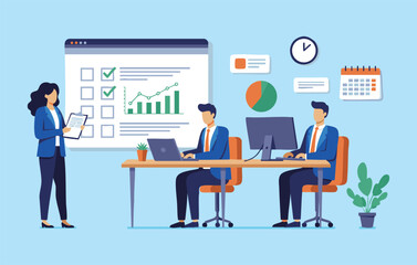 Flat Illustration Business Team Meeting, Project Presentation, and Data Analysis for Strategic Planning and Growth