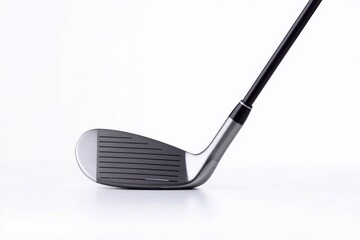 A golf club (iron) resting on a white surface, minimalist, clean lines, white background, high resolution.
