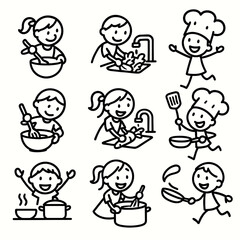 9 Cooking Fun icons: mixing bowls, baking cookies, washing veggies, kid chefs with hats. Playful kitchen activities.