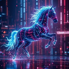 A futuristic horse made of glowing pixels and digital lines. Bright neon colors, abstract background. 