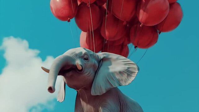 Elephant floating on red balloons against a light teal sky with clouds