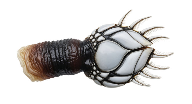 Striking goose barnacle with textured stalk and calcified plates detailed view
