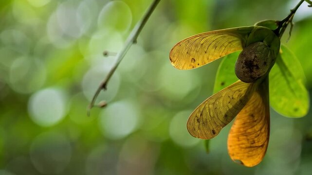 Close-up of samaras on a branch with green foliage and a blurred green background creating natural bokeh in a forest setting