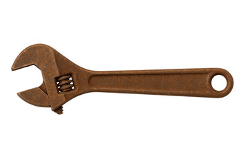 A rusty wrench is shown on a white background. The wrench is old and worn, with a brown handle and a metal head. Concept of nostalgia and the passage of time